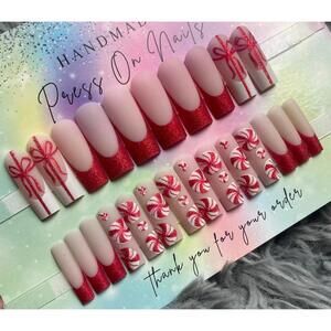 Extra long square press on nails red french tips white glitter peppermint nude